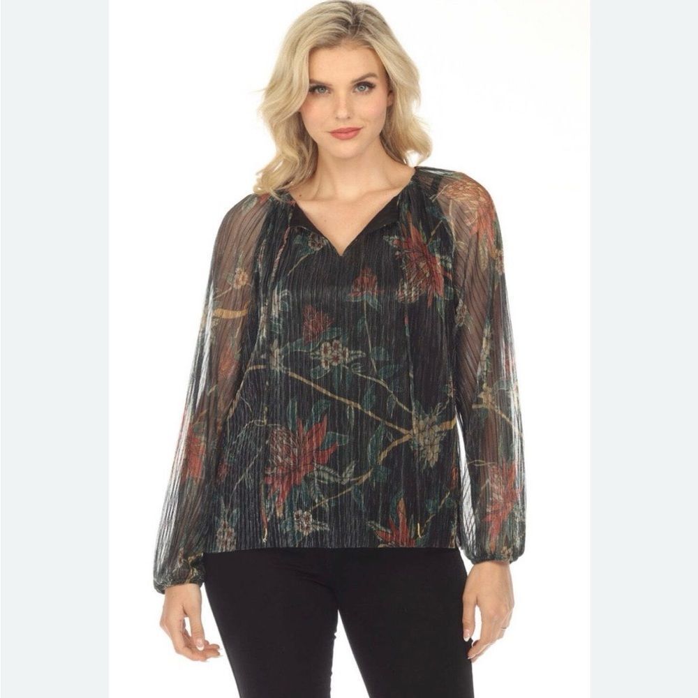 Johnny Was Love Evelina‎ Metallic Floral Long Sleeve Blouse Black Green Red M